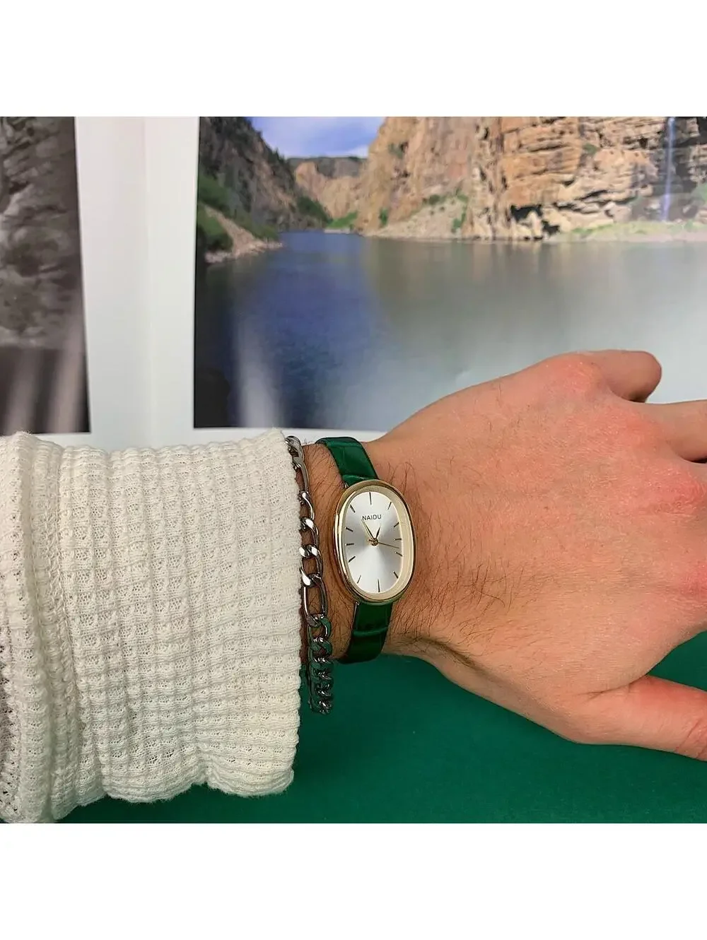 Y2k style green leather gold and silver luxury classy sport watch. 8 inches